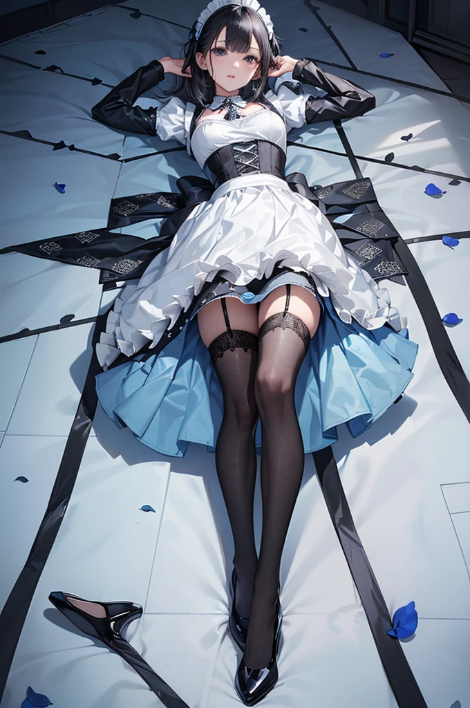 ((Biologically correct limb count)),(( From head to toe,Full-body photo including face)),4K,((Standing position)),masterpiece,((Focus on the face)),((Symmetrical facial features)),Eyes with detailed description,Beautiful woman,Great style,Beautiful arms,Beautiful legs,Beautiful Hands,(Small Ass,Thin thighs),Facial detailing,Small earrings,necklace,(Light blue enamel maid outfit、mini skirt((Black high heels,Black patterned stockings))),Realistic photo,Lying on the linoleum floor,Low angle photo,A little panchira,Rose petals are scattered all around、