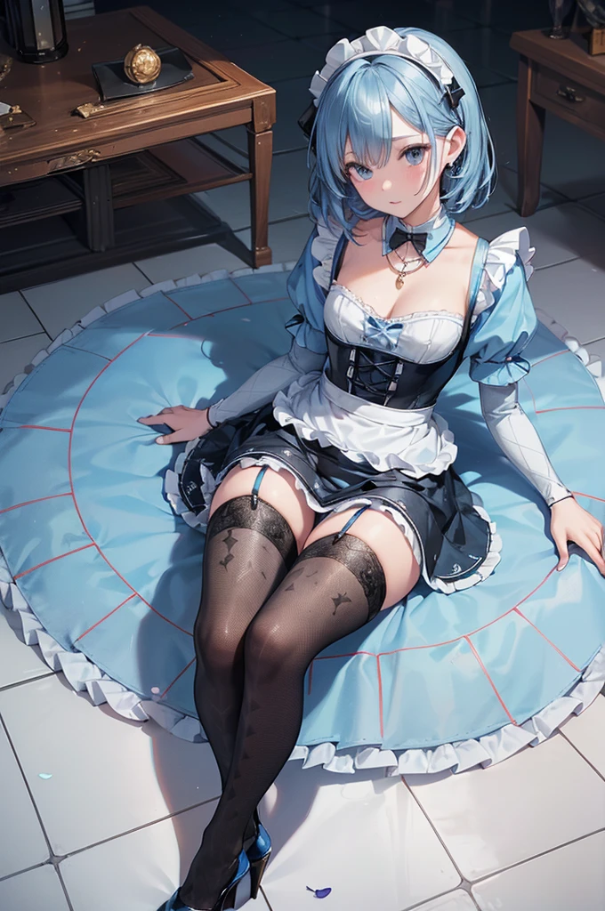 ((Biologically correct limb count)),(( From head to toe,Full-body photo including face)),4K,((Standing position)),masterpiece,((Focus on the face)),((Symmetrical facial features)),Eyes with detailed description,Beautiful woman,Great style,Beautiful arms,Beautiful legs,Beautiful Hands,(Small Ass,Thin thighs),Facial detailing,Small earrings,necklace,(Light blue enamel maid outfit、mini skirt((Black high heels,Black patterned stockings))),Realistic photo,Lying on the linoleum floor,Low angle photo,A little panchira,Rose petals are scattered all around、