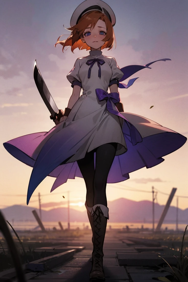 One girl，Beautiful viewasterpiece、Highest quality)，Short Hair,Orange Hair，Blue wristband，Purple ribbon，，Short sleeve，,Light colors,White Beret，Blue eyes,White slit dress，Black tights，whole body，Brown boots，Have a big machete