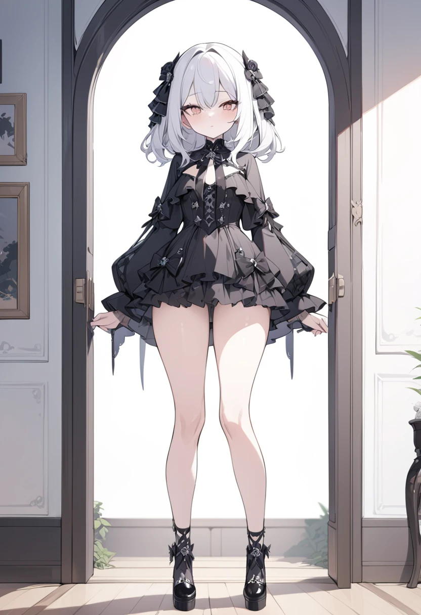 Masterpiece, absurdness, high detailed, white hair, gothic lolita, full body, standing,short dress,