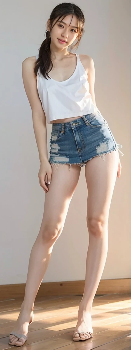 Open shirt, (((Leaning forward))), ((,Round face, Around ,mini skirt、loose tank top)), Long Hair, , Natural Makeup, Lips become thicker, Sexy Gaze, barefoot, ((Raise one leg)), Shooting from below,Gentle expression ,((Extremely precise and accurate anatomy)), (masterpiece:1.43), Perfect proportions, Realistic photos, Full Shot, whole body, (height: 165cm),