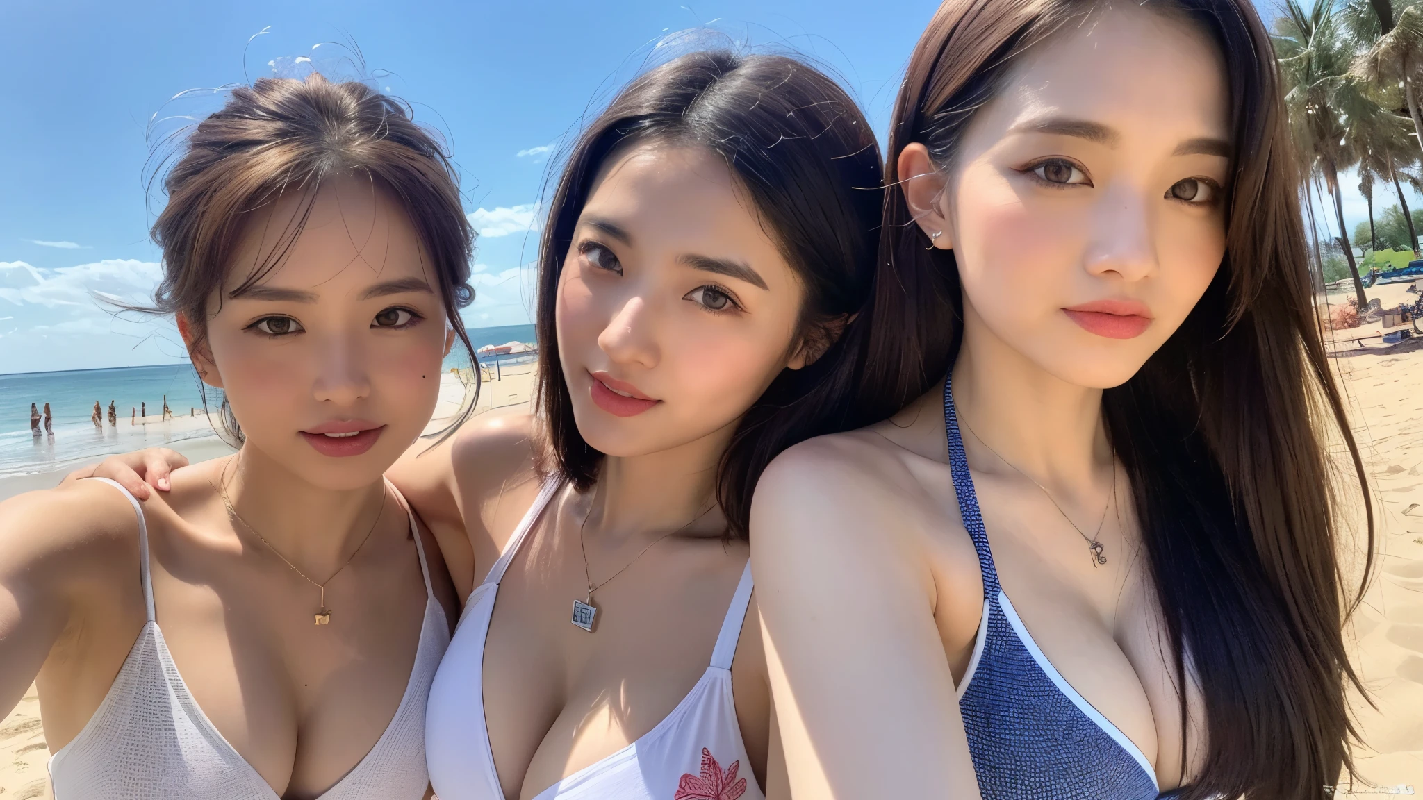((Photorealistic lighting, highest quality, 8k, masterpiece:1.3)), sharp focus:1.2, viewer discretion advised (New South Wales) (New South Wales) (New South Wales):1.2, ((realistic)), ((natural light, highest quality)), model-like figure:1.4, (dark brown hair, chest out:1.2), short hair, setting, backshot, (25 years old:1.3), highly detailed face, detailed eyes, double eyelids, necklace, wristband, eyeliner, colorful bikini, (large), (seaside, beach, sandy shore, drinking alcohol)