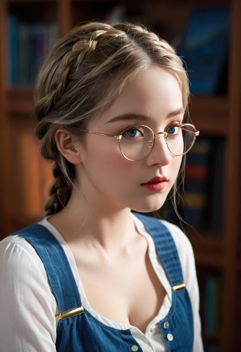 Solo, 1girl, masterpiece, best quality, extremly detailed, Cinematic lighting, intricate detail, highres, official art, finely detailed beautiful face and eyes, high resolution illustration, 8k, dark intense shadows, overexposure, [blonde hair/brown hair], single braid, blue eyes, glasses, smug, sitting on chair, upper body, large breasts, white shirts, yellow suspenders, book_stack, library, ((vine)), rose, looking at the viewer