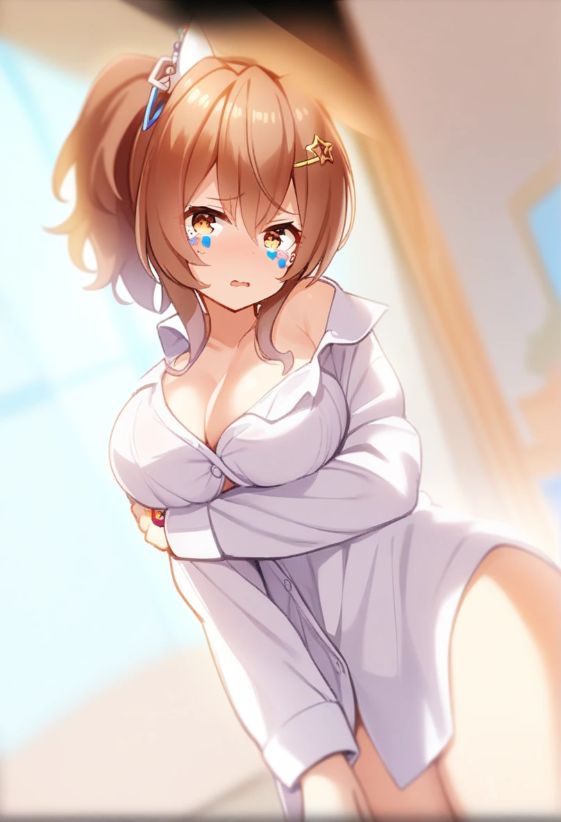 1Girl,solo,daitaku helios(umamusume), umamusume, tears, big breasts, naked shirt, nude, looking at viewer,masterpiece,very aesthetic, recent, mid, chibi,