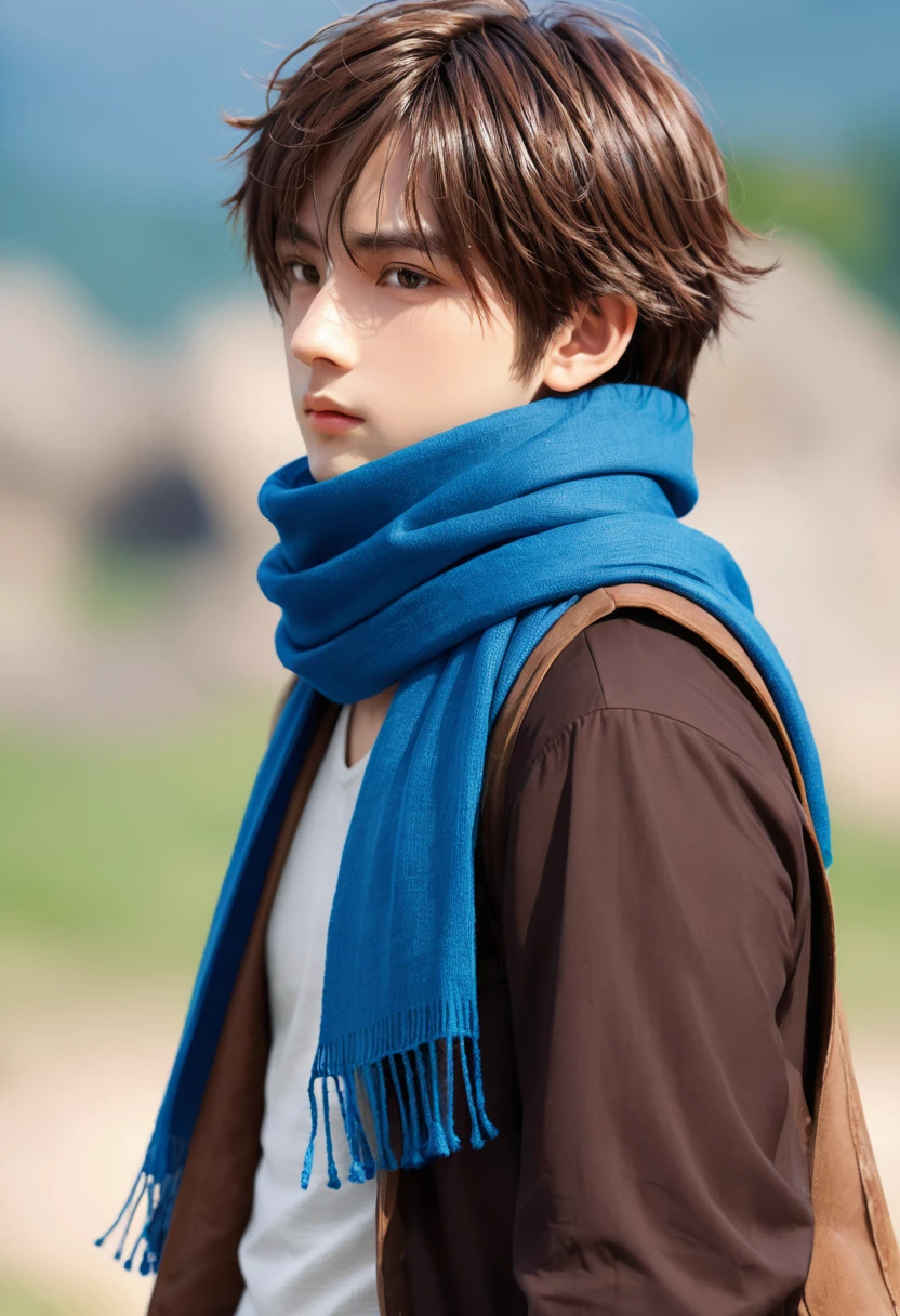 Anime boy with blue scarf and brown hair, 2. 5 d CGI Anime Fantasy Art, Authentic, Digital Anime Art, Detailed Digital Anime Art, Hero 2 d Doujin Art Art, Premium Digital Anime Art, Artgerm Detailed, Profile Image 1024px, Fantasy Style Anime, Premium Anime Digital Art, 4k Manga Wallpaper, 8k, Best Quality, Masterpiece: 1.2, Pixel Avatar Style,