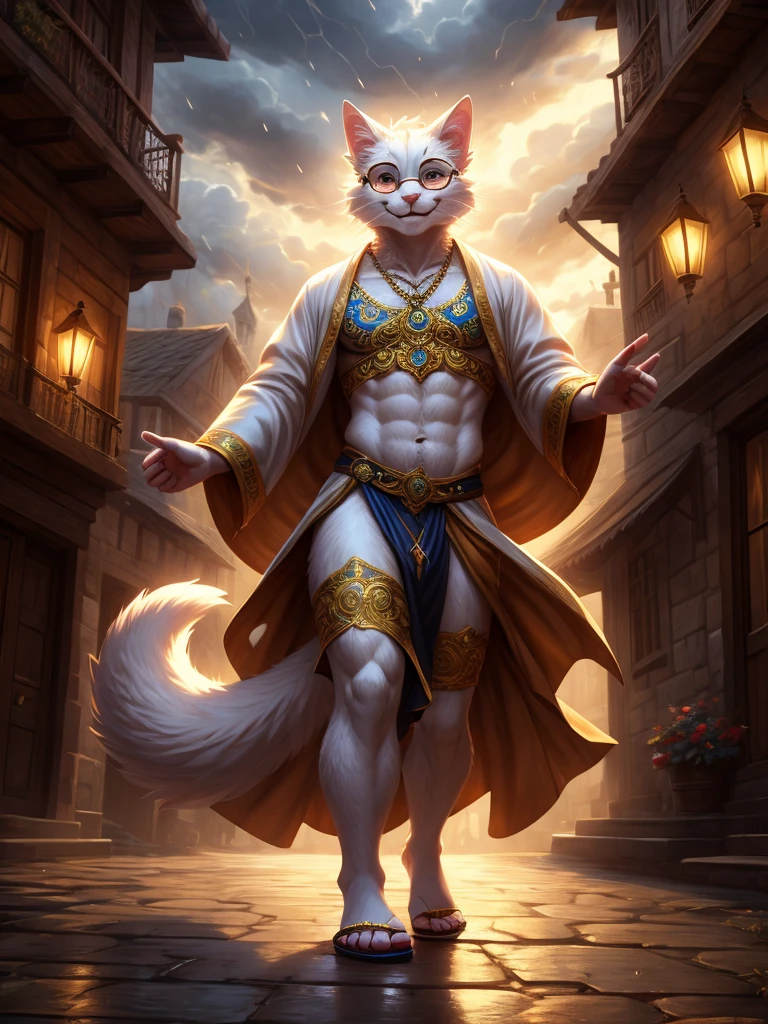 Anthro, white fluffy cat, full body, male, adult, hand paws, long fluffy tail, light robe, long dancing skitt, flip flop, fancy dancer clothing, crop top, ornate clothing, blue circular eyewear, abdomen on display, serious look, warm happy expression, hairy body, 8K, dynamic lighting, ultra detailed, masterpiece, street of a medieval town, stormy weather outside