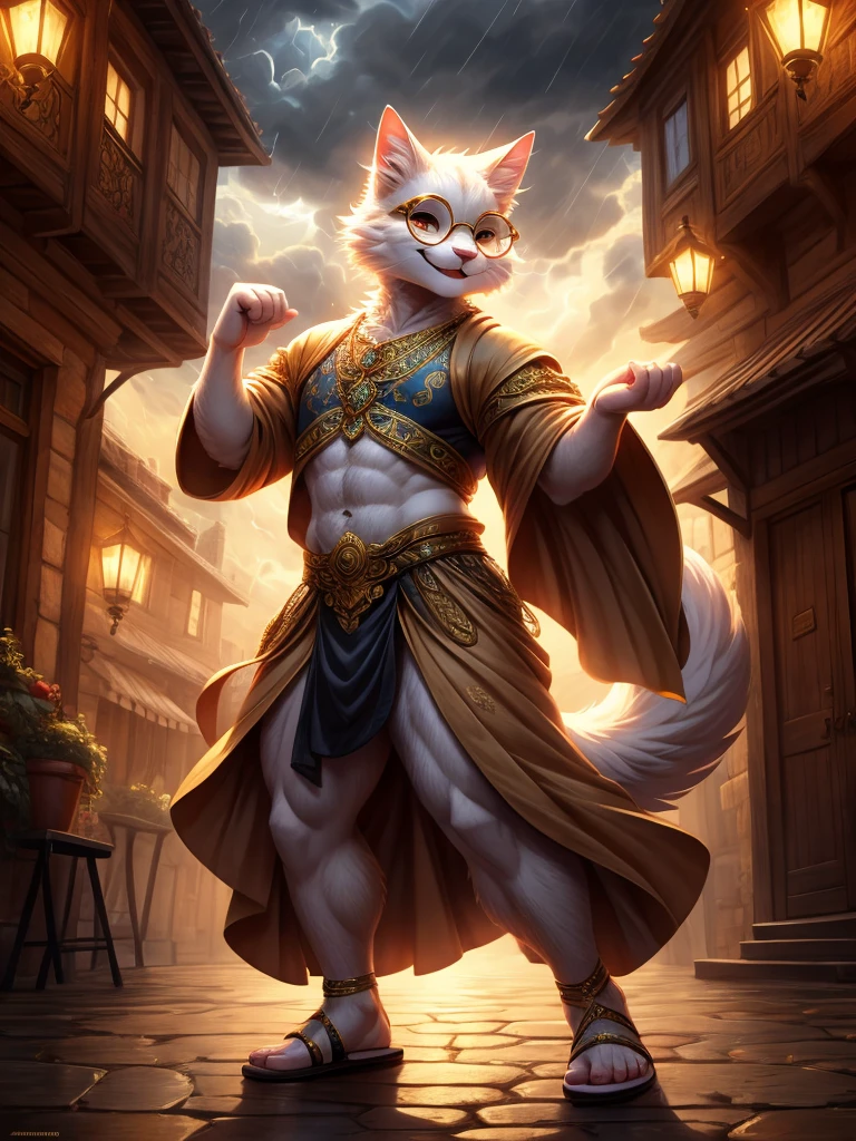 Anthro, white fluffy cat, full body, male, adult, hand paws, long fluffy tail, light robe, long dancing skitt, flip flop, fancy dancer clothing, crop top, ornate clothing, blue circular eyewear, abdomen on display, serious look, warm happy expression, hairy body, 8K, dynamic lighting, ultra detailed, masterpiece, street of a medieval town, stormy weather outside