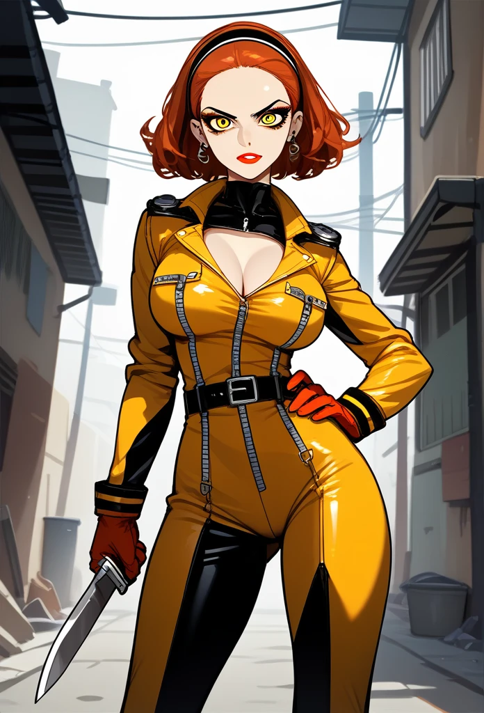 masterpiece, best quality, mature woman, mature face, trimmed hairstyle, red hair, mature face, hot face, glossy lips, gobby lips, sharp eyes, big breasts, voluptuous body, golden eyes, (bandit outfit, bandit bandana), looking at viewer, tough appearance, alley, (looking serious), lunatic face, lunatic smile, (glaring eyes, piercing eyes), lunatic expression, (holding dagger)