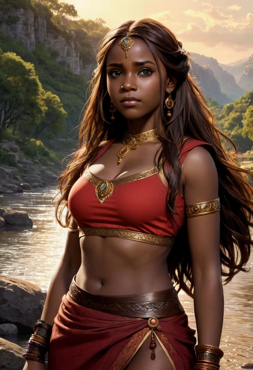 masterpiece, best quality, highres, highest quality, absurdres, kataras3, dark skin, traditional media, (painting \(medium\)), bracelet, long hair, brown hair, crop top, midriff, navel, sharp expressive eyes, perfect face, wide hips, thick lineart, atmospheric lighting, smooth, beautifully detailed riverbank background, cinematic composition, Joe Madureira,  red clothing, 