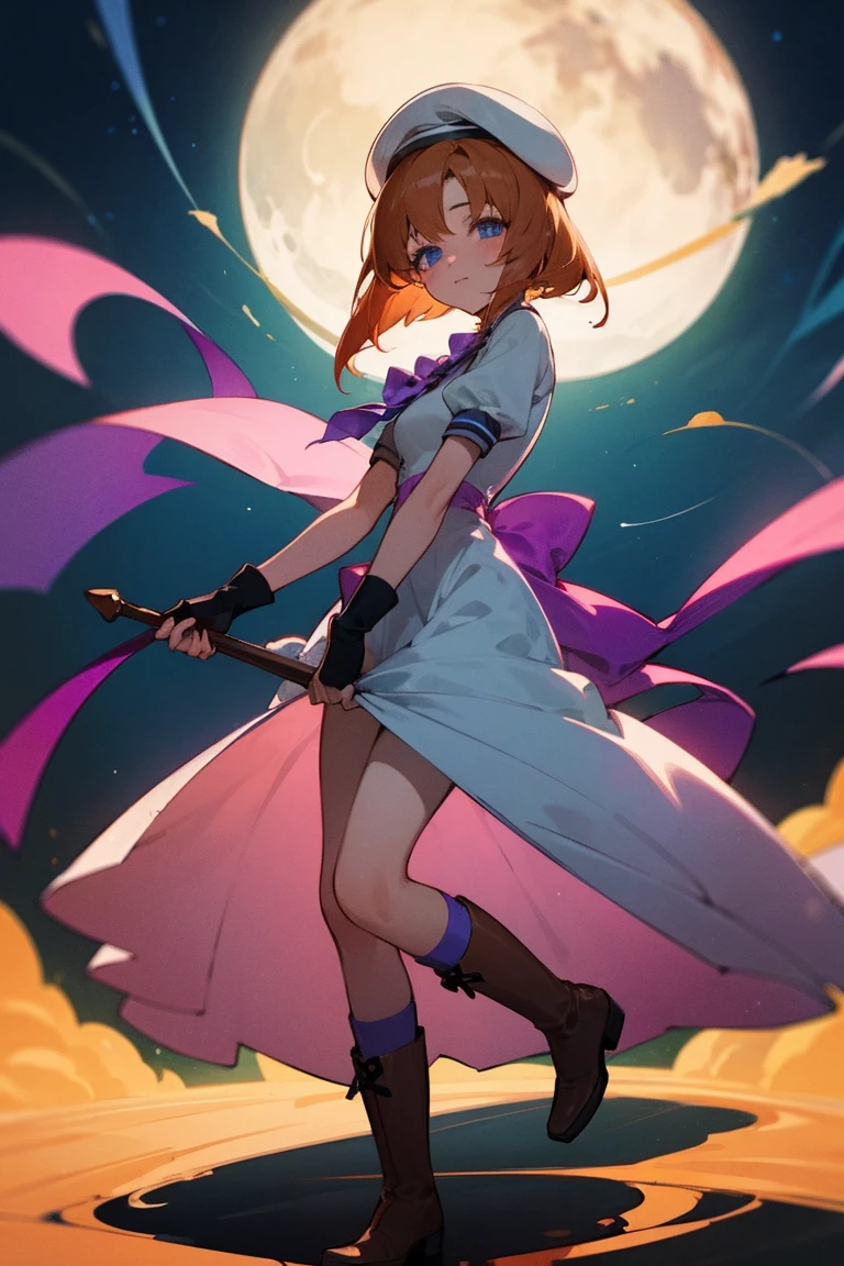 One girl，Beautiful viewasterpiece、Highest quality)，Short Hair,Orange Hair，Blue wristband，Purple ribbon，，Short sleeve，,Light colors,White Beret，Blue eyes,White slit dress，Black knee-high socks，whole body，Brown boots