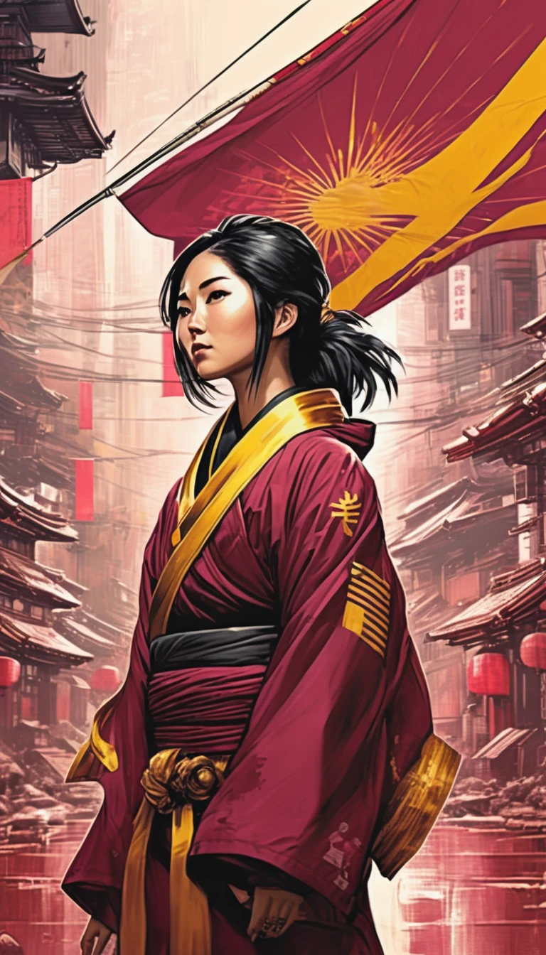 japanese woman, urban Comics style , maroon and gold flag ornaments,  sci fi, highly technology, iconographic, glitch background, , watercolor, ink, mist, interactive image, highly detailed, art style by Clayton Crain + Ross Tran + Rachel Walpole + Jeszika Le Vye + Dan Volbert + Simon Stalenhag + Brian Stelfreeze