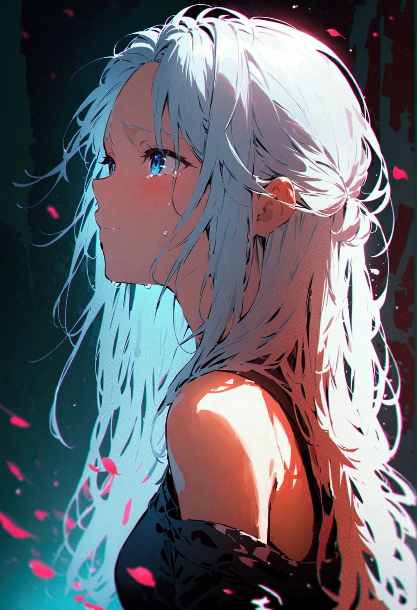 anime drawing,a woman crying, long white hair,just the face,UHD, high resolution, Blurred Background,Dark theme, solitary, dark environment, fate style