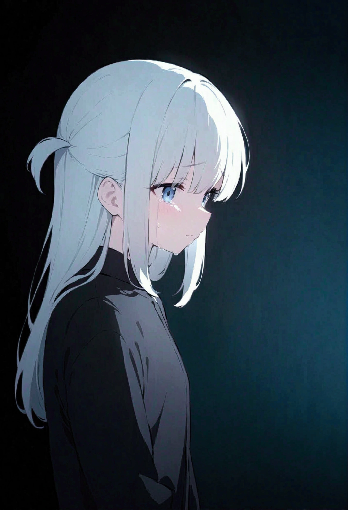 anime drawing,a woman crying, long white hair,just the face,UHD, high resolution, Blurred Background,Dark theme, solitary, dark environment, fate style