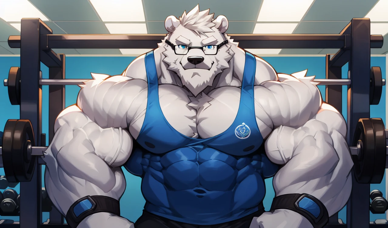 solo, 1boy, Huge Muscular White Polar Bear wearing glasses, huge white fur, pectoral, huge pectoral, wide pectoral, short white hair, blue colored short pants, blue colored wristbands and blue colored tank top, white bearded, white Mustache, white fur, simple background, masterpiece, high detailed, 8k, high resolution, at the gym, flexes huge muscles