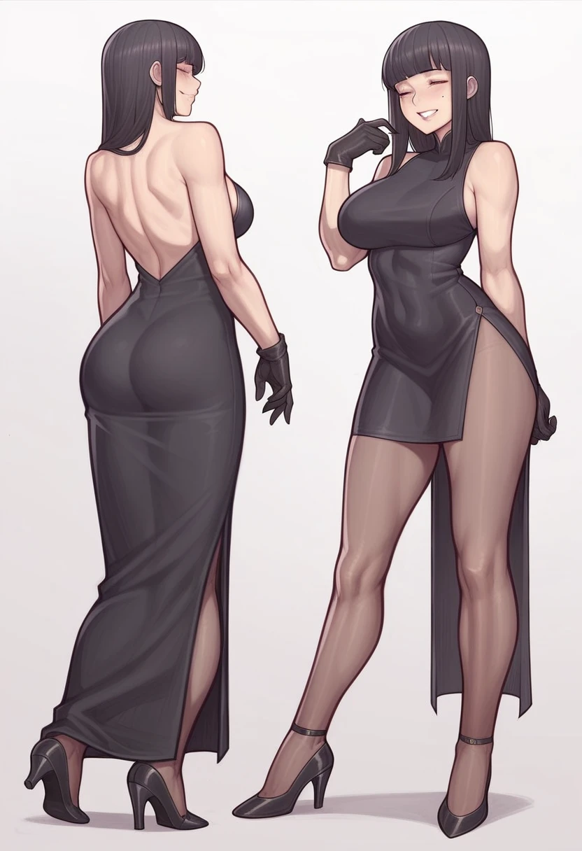 _asura style, 1girl, smile, high_heels, dress, breasts, bangs, blunt_bangs, black_dress, black_hair, closed_eyes, mole_under_mouth, multiple_views, pantyhose, ass, grin, mole, black_footwear, gloves, white_background, large_breasts, long_hair, simple_background, standing, full_body, black_gloves, side_slit, blush