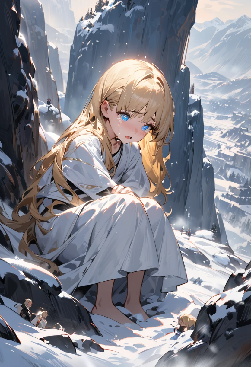 In the background, on the cliffs of a snowy mountain, with a big blizzard falling, a girl, who looks 13 or 14 years old, with long blonde hair, dressed in a long white saree, on her knees, crying and weeping bitterly, with blue pupils and a pale face, very pitiful and beautiful image, a masterpiece, with cinematographic light, a masterpiece, impasto