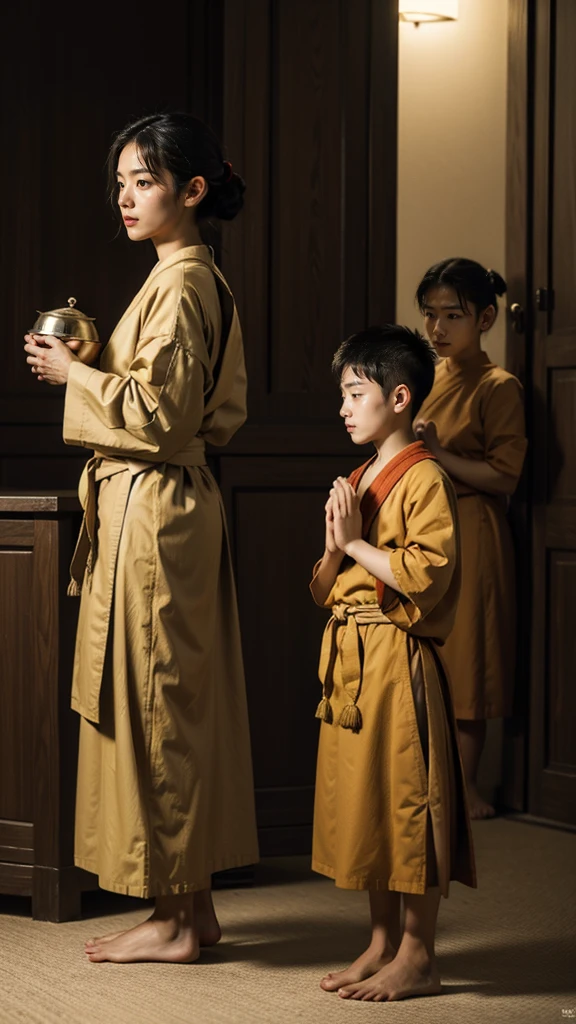 A surreal image of Thai people and villagers paying respects. Thai family Standing holding an alms bowl. Monkhe realism of the temple., Realistic photorealism, perfect, high detail, sharp, 8k, fantasy art, realistic.