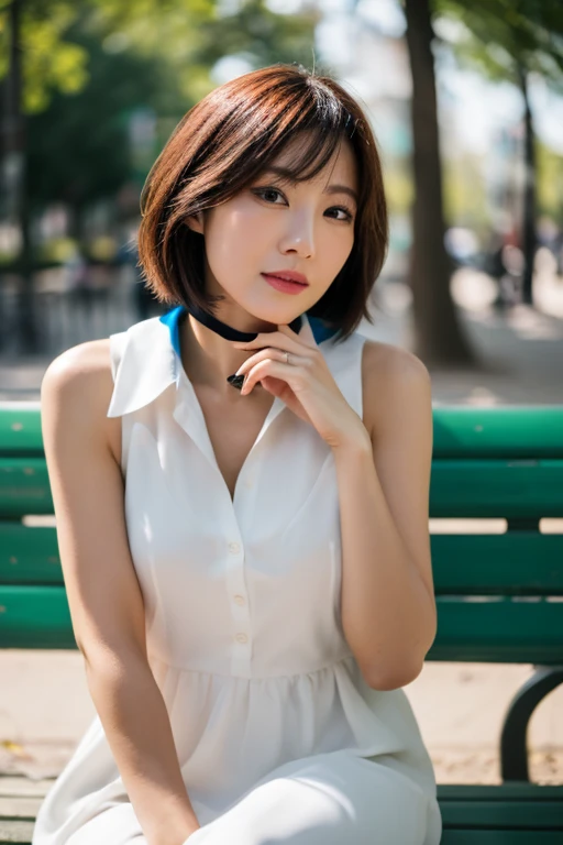 lens: 135mm f1.8,(Highest quality),(Tabletop:1.1), (Beautiful 42 year old Japanese woman), (Moist lips), Narrow eyes, double eyelid,Delicate clavicle,Flat Chest,Very Short Hair、,
(Let me me'Let me'Let's take another look), shame, A faint smile,
(Late night park:1.2), Professional Lighting,
(Sleeveless dress with collar), (Sunburned skin:0.2),Full body photo、Full Body Focus、sitting on a park bench