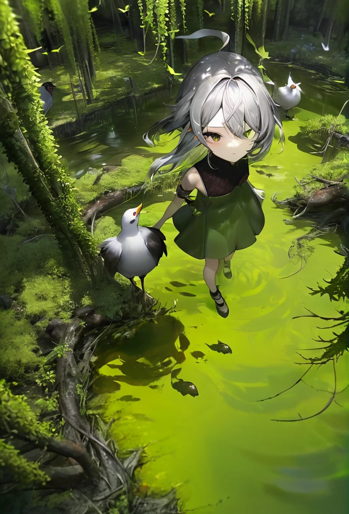 Generate an aerial angle birds eye view image of a  beautiful humanoid dragon girl , face of beautiful  human detailed scale photo realistic with menacing wings, color red and silver unreal engine standing , getting out from the swamp with floating algae , dynamic pose with a background full of large vines dramatic angle view high coloration 4k resolution but