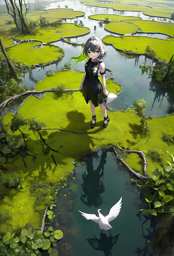 Generate an aerial angle birds eye view image of a  beautiful humanoid dragon girl , face of beautiful  human detailed scale photo realistic with menacing wings, color red and silver unreal engine standing , getting out from the swamp with floating algae , dynamic pose with a background full of large vines dramatic angle view high coloration 4k resolution but