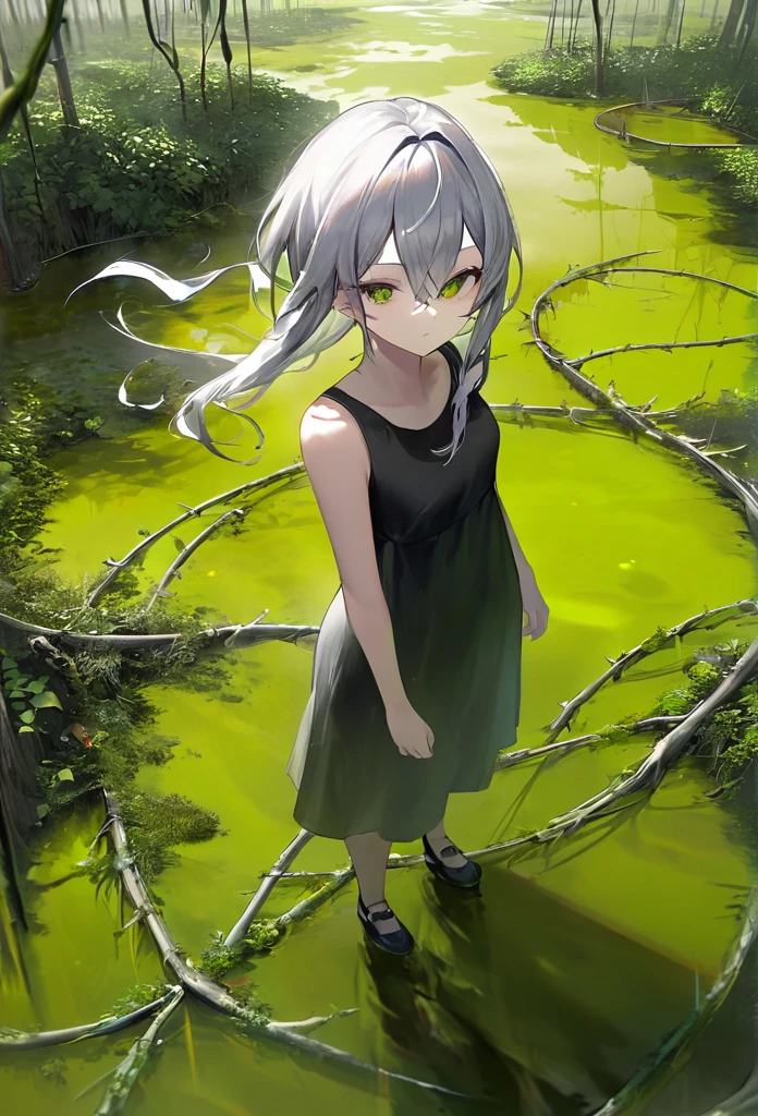 Generate an aerial angle birds eye view image of a  beautiful humanoid dragon girl , face of beautiful  human detailed scale photo realistic with menacing wings, color red and silver unreal engine standing , getting out from the swamp with floating algae , dynamic pose with a background full of large vines dramatic angle view high coloration 4k resolution but