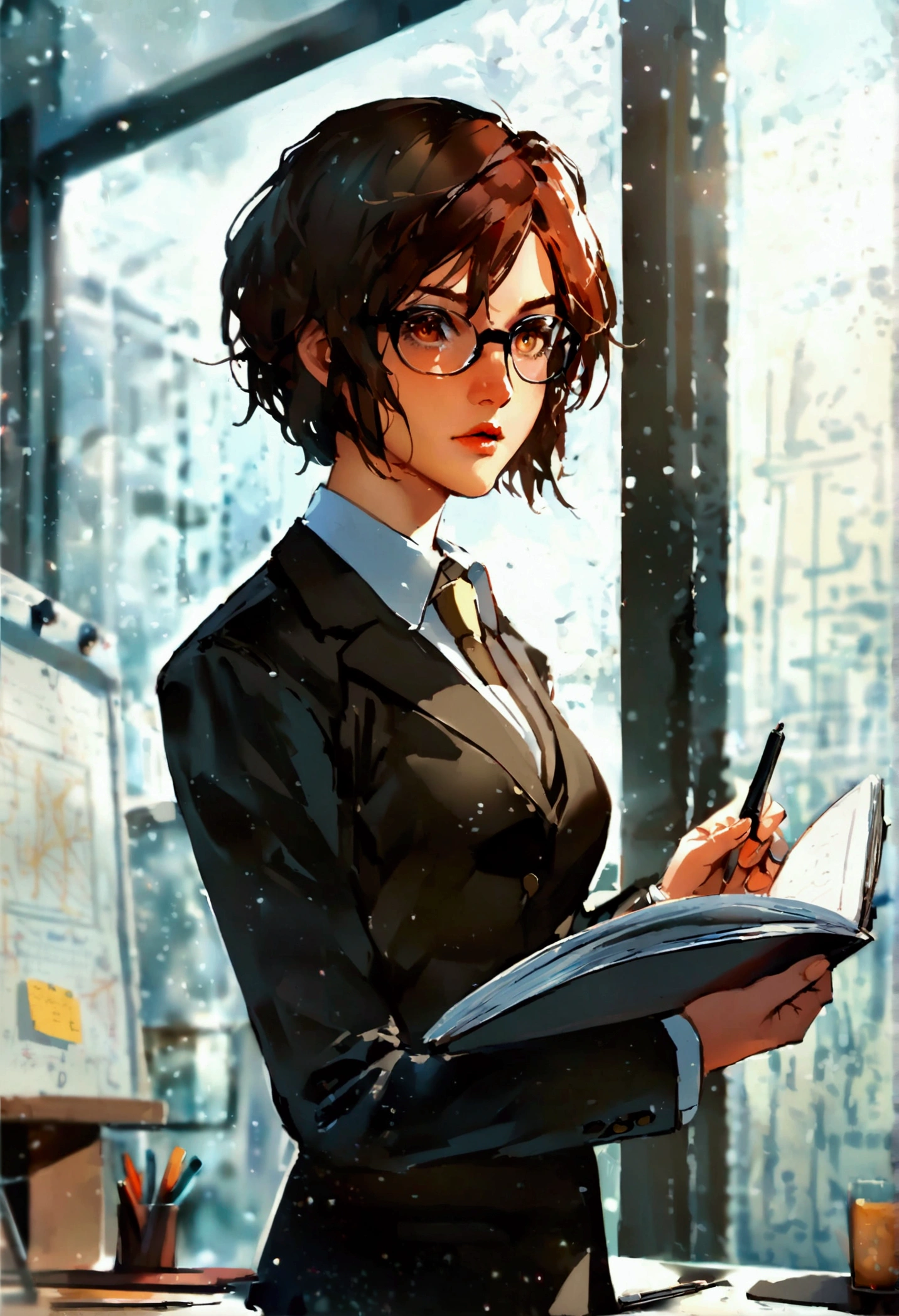 Create a realistic, dynamic portrait of a determined individual setting clear goals. The person should be standing in a modern office environment, exuding confidence and focus. They have a strong, determined expression on their face, with eyes that convey clarity and purpose. The individual is dressed professionally in business attire, such as a tailored suit or smart casual wear. They are holding a notebook or planner in one hand and a pen in the other, emphasizing their intent to write down their goals. The background includes elements like a desk with a laptop, a whiteboard with diagrams and notes, and large windows that allow natural light to flood the room, creating a bright and inspiring atmosphere. The lighting is natural and enhances the details of the person's features, highlighting their determination and focus.