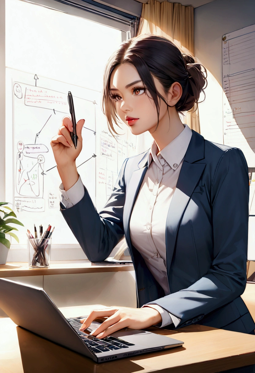 Create a realistic, dynamic portrait of a determined individual setting clear goals. The person should be standing in a modern office environment, exuding confidence and focus. They have a strong, determined expression on their face, with eyes that convey clarity and purpose. The individual is dressed professionally in business attire, such as a tailored suit or smart casual wear. They are holding a notebook or planner in one hand and a pen in the other, emphasizing their intent to write down their goals. The background includes elements like a desk with a laptop, a whiteboard with diagrams and notes, and large windows that allow natural light to flood the room, creating a bright and inspiring atmosphere. The lighting is natural and enhances the details of the person's features, highlighting their determination and focus.