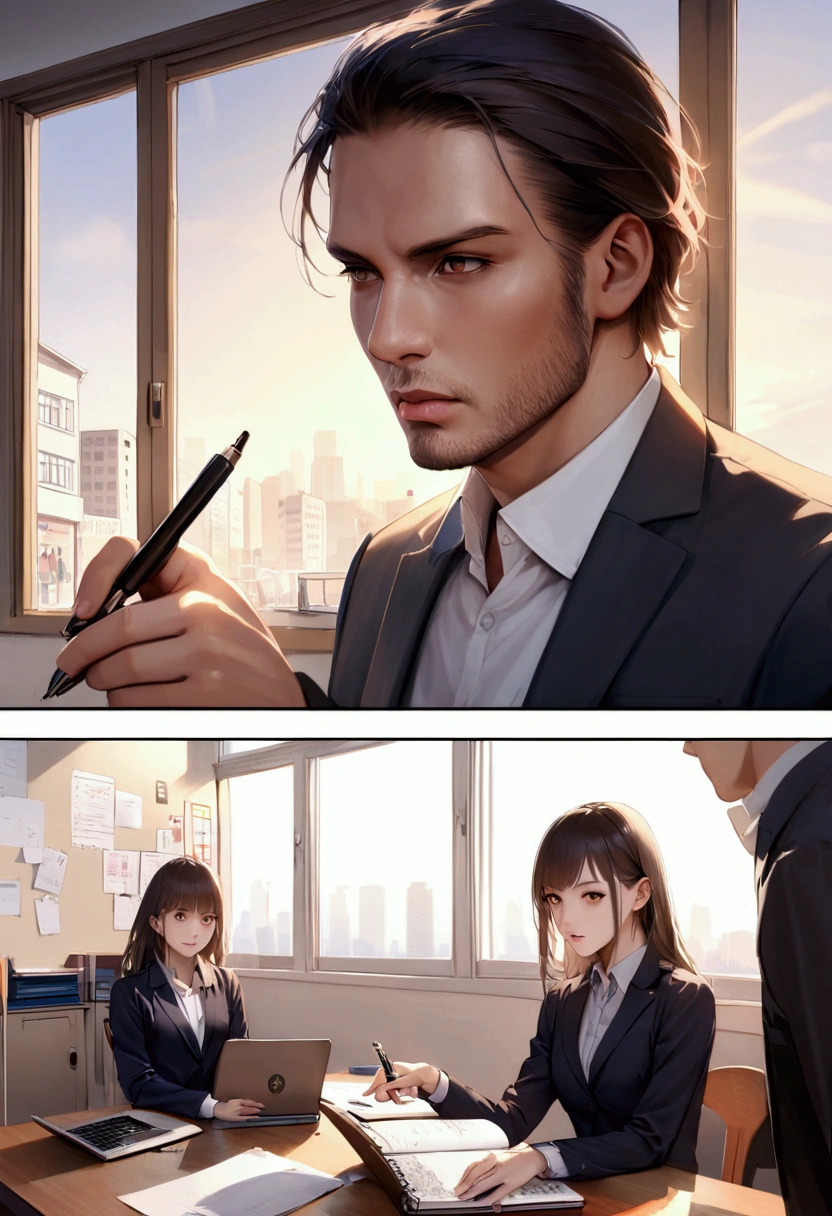 Create a realistic, dynamic portrait of a determined individual setting clear goals. The person should be standing in a modern office environment, exuding confidence and focus. They have a strong, determined expression on their face, with eyes that convey clarity and purpose. The individual is dressed professionally in business attire, such as a tailored suit or smart casual wear. They are holding a notebook or planner in one hand and a pen in the other, emphasizing their intent to write down their goals. The background includes elements like a desk with a laptop, a whiteboard with diagrams and notes, and large windows that allow natural light to flood the room, creating a bright and inspiring atmosphere. The lighting is natural and enhances the details of the person's features, highlighting their determination and focus.