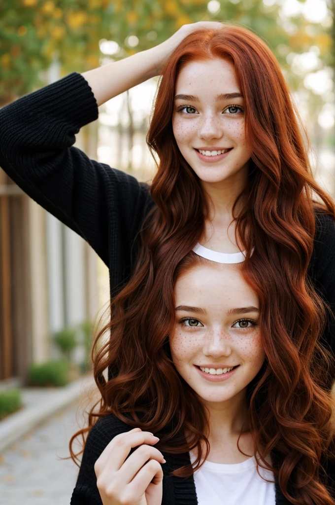 Beautiful 20 year old girl, long curly red hair, big, tender black eyes, white skin and freckles on the face, Pretty lips, sweet and happy expression, looking at the camera and waving, wearing a black cardigan.