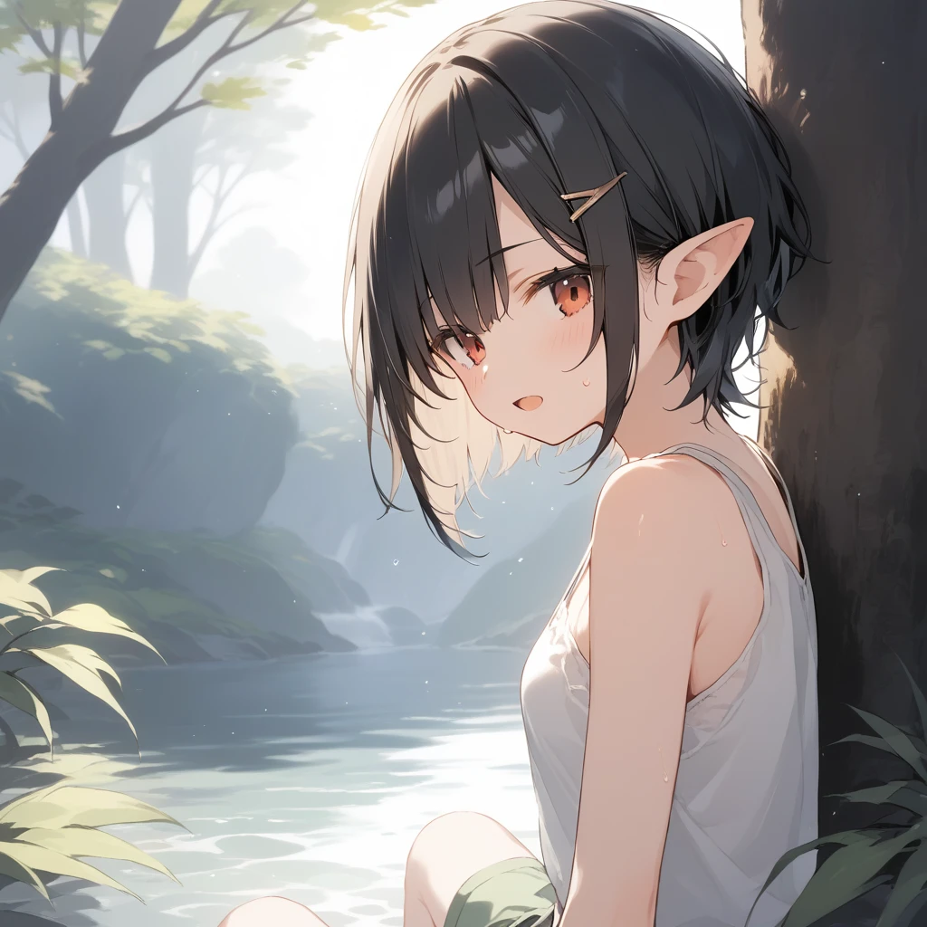 score_9, score_8_up, score_7_up, source_anime, best quality, masterpiece, official art, absurdres, highres, ultra-detailed,waifu2x,Collection: Slice of Life,break,1girl, elf, tomboy, short hair, skinny, androgynous, small breasts, beautiful detailed eyes, green shorts, sweat, open mouth, sleepily, outdoors, forest, spring,break,(clear line illustration:1.2), super detailed skin,very high resolution, very aesthetic, Best sexual lighting powered by famous artist, 8k,cute picture,beauty illustration,photoshop_(medium),,(Detailed Lighting),best anime 8k konachan wallpaper, pixiv contest winner, 