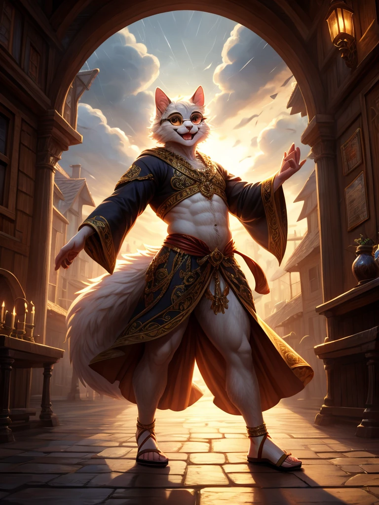 Anthro, white fluffy cat, full body, male, adult, hand paws, long fluffy tail, light robe, long dancing skitt, flip flop, fancy dancer clothing, crop top, ornate clothing, blue circular eyewear, abdomen on display, serious look, warm happy expression, hairy body, 8K, dynamic lighting, ultra detailed, masterpiece, street of a medieval town, stormy weather outside