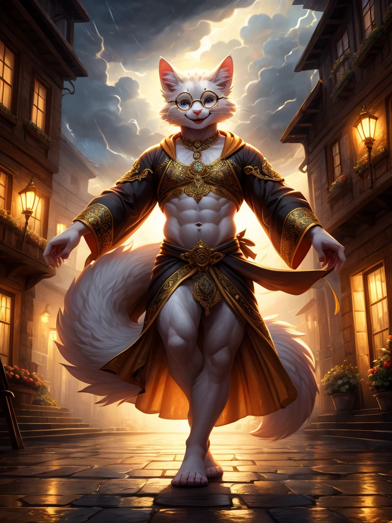 Anthro, white fluffy cat, full body, male, adult, hand paws, long fluffy tail, light robe, long dancing skitt, flip flop, fancy dancer clothing, crop top, ornate clothing, blue circular eyewear, abdomen on display, serious look, warm happy expression, hairy body, 8K, dynamic lighting, ultra detailed, masterpiece, street of a medieval town, stormy weather outside