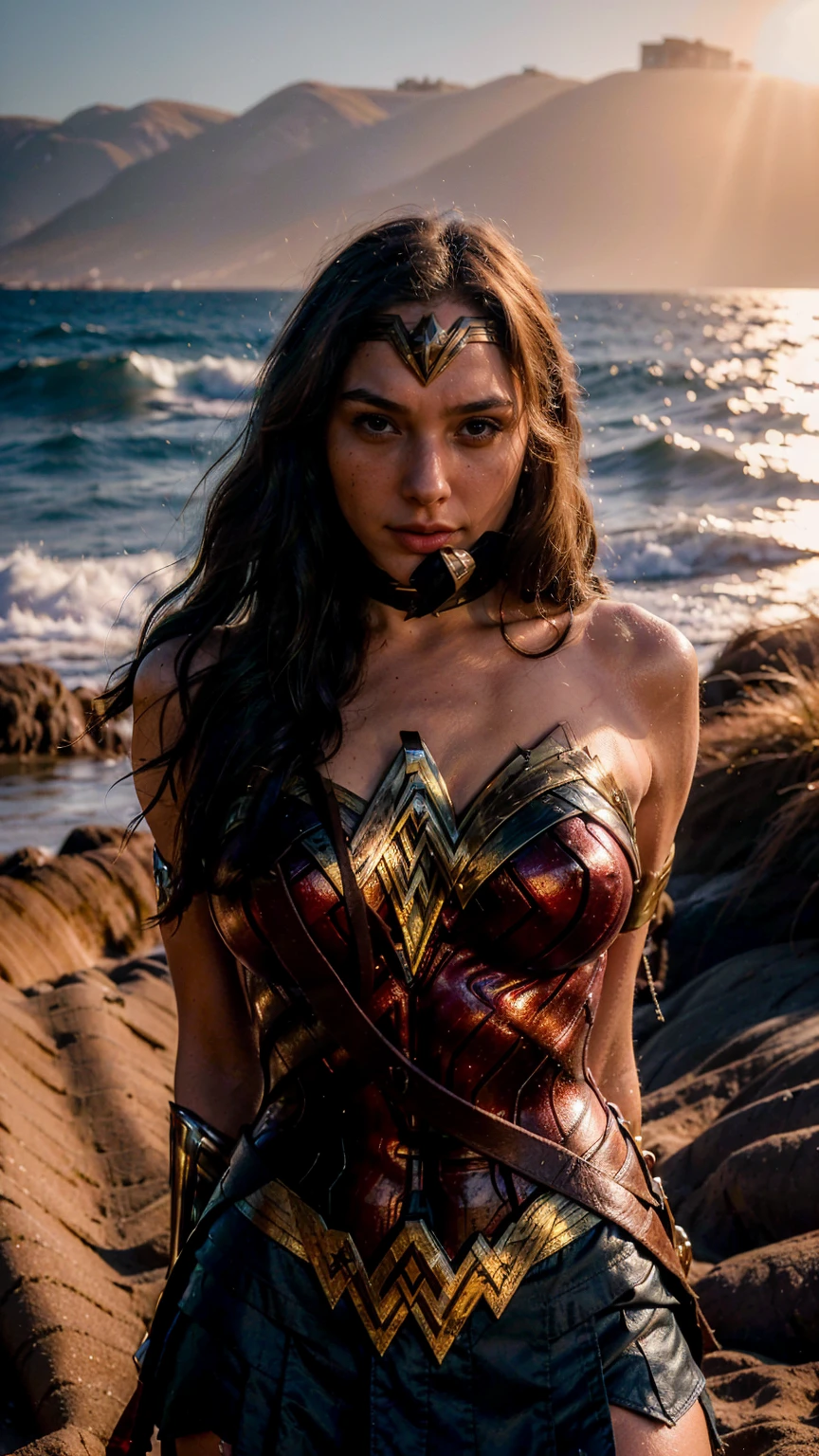 ((masterpiece), (solo character), (photorealistic:1.4), ),(best quality), (epiCRealLife), (g4lg), (Gal Godot), (Gal Godot in wonder woman costume), (lora:epiCFlashPhoto),(flashphoto), (flash photography) (look at viewers), (sunset),, (photoshoot), (wonder woman theme), (on the sand), (close up cowboy shots), (Gal Godot light smile), (large breast)