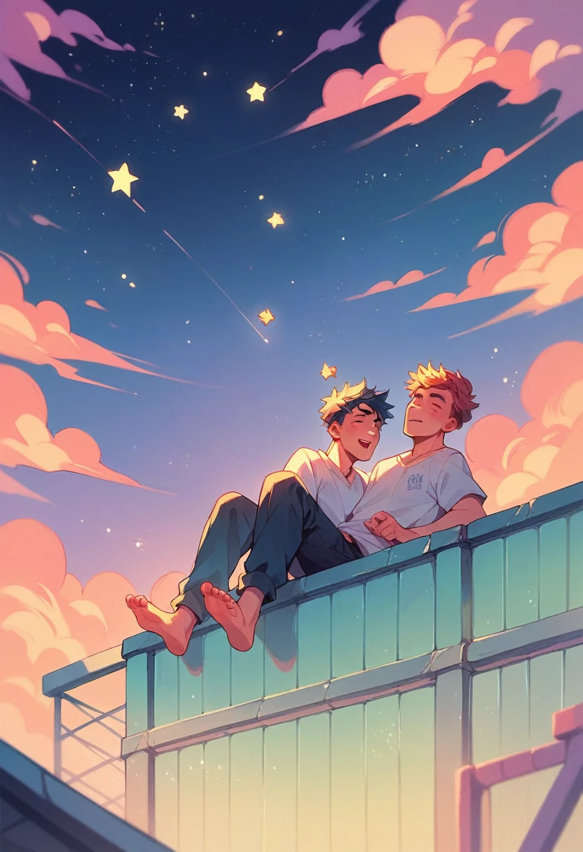 a man seeing falling stars on top of the roof on calm night