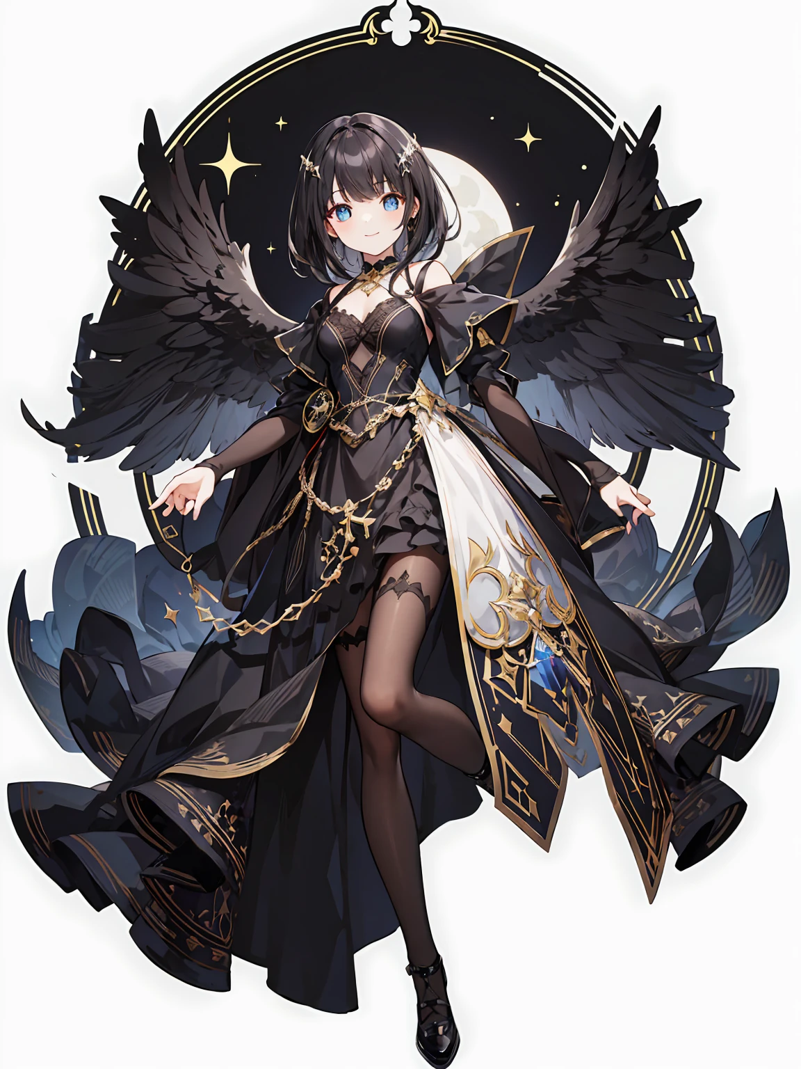 Full body ,(Masterpiece), In the building, castle, nighttime, Gothic, 1 girl, black hair, medium hair, black dress, smile, Dutch corner, (white background), Transparent background, looking down, ((masterpiece, illustration, best quality))