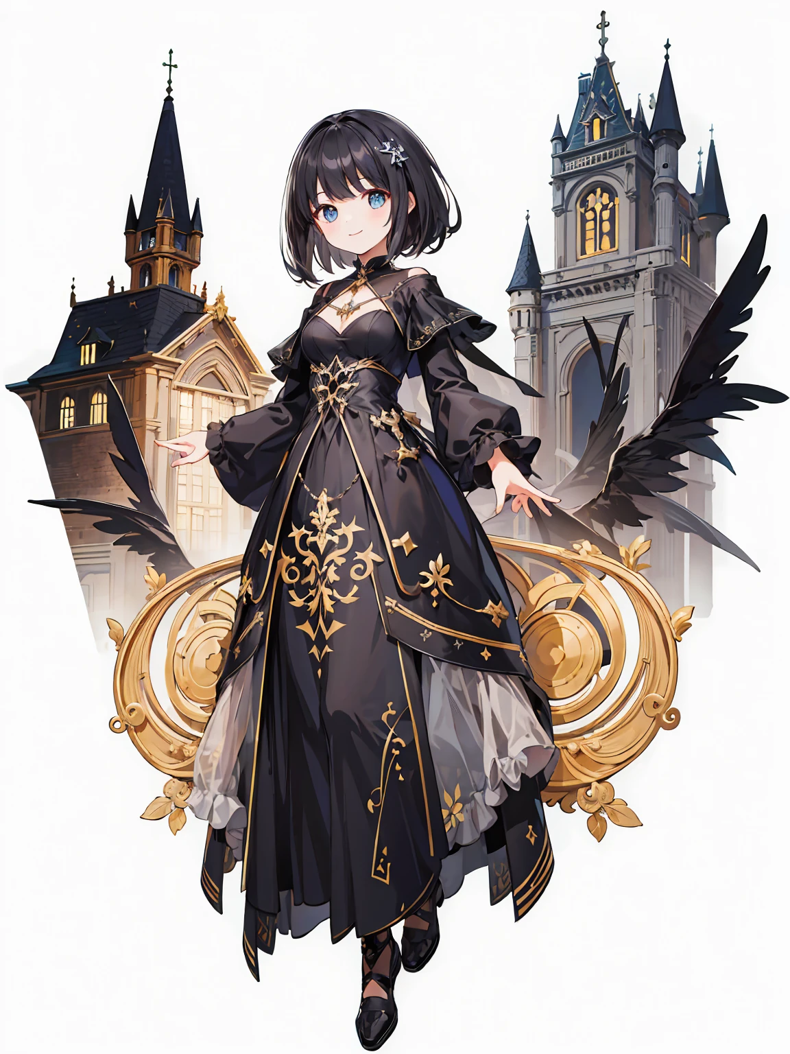 Full body ,(Masterpiece), In the building, castle, nighttime, Gothic, 1 girl, black hair, medium hair, black dress, smile, Dutch corner, (white background), Transparent background, looking down, ((masterpiece, illustration, best quality))