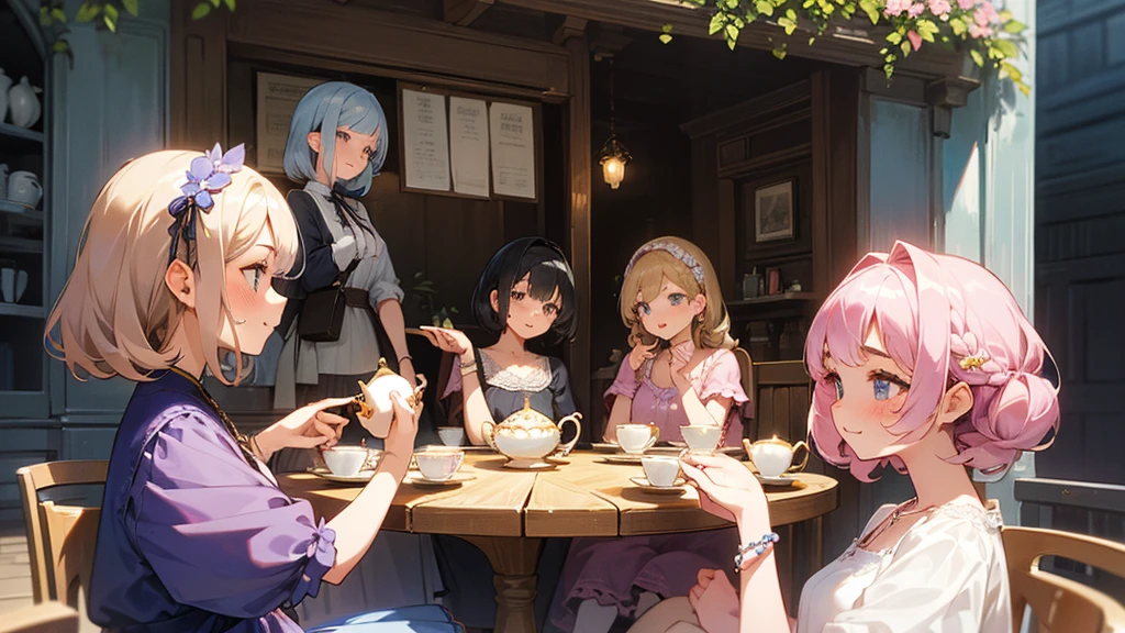 Highest quality、High resolution、Detailed Background、(Beautiful face in every detail:1.4)、Anatomically correct、(Detailed facial expressions)、(Detailed eyes:1.2)、 beauty、(Highly detailed face:1.4)、Cute hair colour、Braided Ponytail、Bobcut、Braided long hair、Wavy Hairstyle、well-groomed eyebrows、Cute Eye Makeup、Cute Lip Makeup、Calm atmosphere、Happy expression、smile、Laughter、Tea time at the cafe、Cute gestures、
(Four women enjoying tea time at a cute cafe:1.5)、
Flared silhouette dress、Camisole dress with frills and lace、
A-line dress with ribbon and flower motif、pink、Pastel Blue、Soft colors such as lavender、white、A clean base color such as beige、
Ribbon and flower hair accessories、Pearl and jewel necklaces、bracelet、
Lace bag、Pumps with ribbon、Suede or velvet short boots、
It's gorgeous but also feminine.