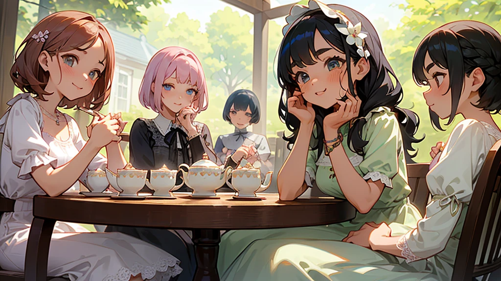 Highest quality、High resolution、Detailed Background、(Beautiful face in every detail:1.4)、Anatomically correct、(Detailed facial expressions)、(Detailed eyes:1.2)、Teenage beauty、(Highly detailed face:1.4)、Cute hair colour、Braided Ponytail、Bobcut、Braided long hair、Wavy Hairstyle、well-groomed eyebrows、Cute Eye Makeup、Cute Lip Makeup、Calm atmosphere、Happy expression、smile、Laughter、Tea time at the cafe、Cute gestures、
(Four women enjoying tea time at a cute cafe:1.5)、
Flared silhouette dress、Camisole dress with frills and lace、
A-line dress with ribbon and flower motif、pink、Pastel Blue、Soft colors such as lavender、white、A clean base color such as beige、
Ribbon and flower hair accessories、Pearl and jewel necklaces、bracelet、
Lace bag、Pumps with ribbon、Suede or velvet short boots、
It's gorgeous but also feminine.
