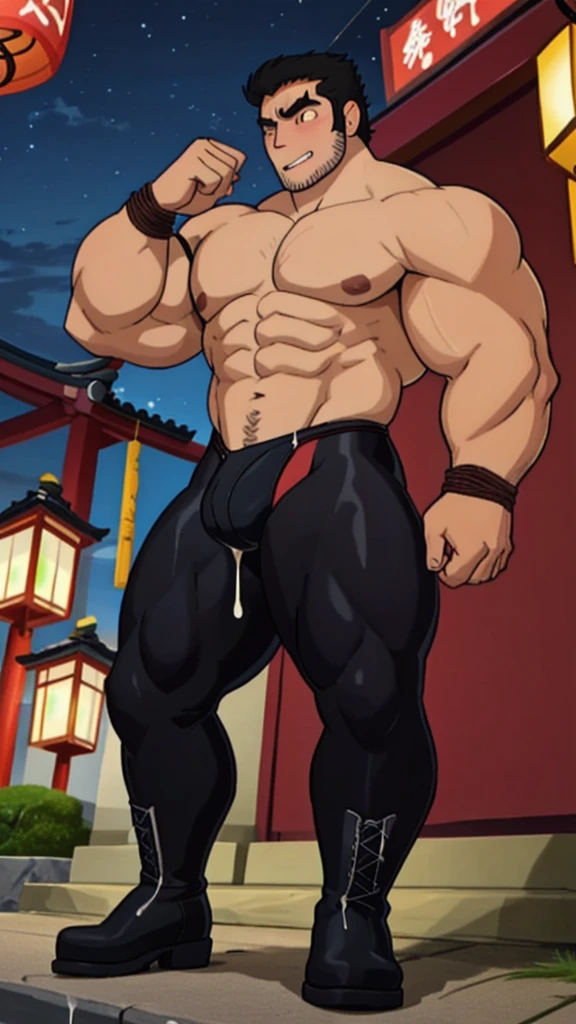 best quality, 4k, male, lucaslee, 1boy , flexing, tight shirt, outdoors, closed mouth, pauldrons, night , , bondagenese festival , 祭り , (( G-string )) , massive oversized bulge , full body , boots , dripping cum , ashamed e