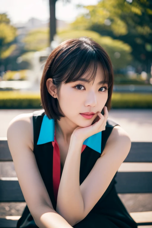 lens: 135mm f1.8,(Highest quality),(Tabletop:1.1), (Beautiful 42 year old Japanese woman),  (Moist lips), Narrow eyes, double eyelid,Delicate clavicle,Flat Chest,Very Short Hair、,
 (Let me me&#39;Let me&#39;Let&#39;s take another look),  shame, A faint smile,
(Late night park:1.2), Professional Lighting, 
(Sleeveless dress with collar), (Sunburned skin:0.2),Full body photo、Full Body Focus、sitting on a park bench、A neat and elegant woman
