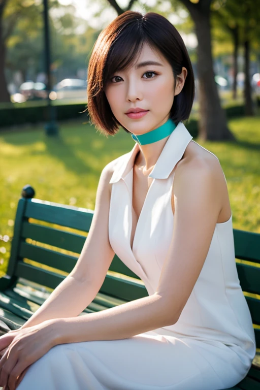 lens: 135mm f1.8,(Highest quality),(Tabletop:1.1), (Beautiful 42 year old Japanese woman), (Moist lips), Narrow eyes, double eyelid,Delicate clavicle,Flat Chest,Very Short Hair、,
(Let me me'Let me'Let's take another look), shame, A faint smile,
(Late night park:1.2), Professional Lighting,
(Sleeveless dress with collar), (Sunburned skin:0.2),Full body photo、Full Body Focus、sitting on a park bench、A neat and elegant woman
