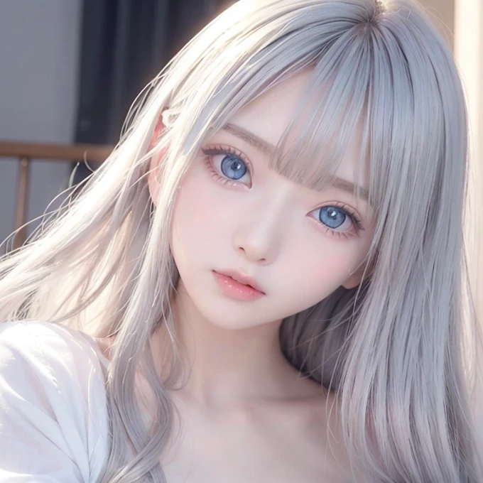 silver shiny hair、Super long straight silky hair、Dazzling blonde super long silky hair、16 years old cute little beautiful face、A beautiful girl、Sparkling blonde dancing in front of a pretty face、Long, silky bangs that cover the space between the eyes、Very beautiful, bright, large, light blue eyes、Very big eyes、Hair that hides the face、Sexy pretty young woman with super long bangs、Very white skin、Cheek gloss highlighter、Small Face Beauty、Round face、Cute Shirts、Ample Bust, embarrassed face、Skinny jeans and t-shirt、