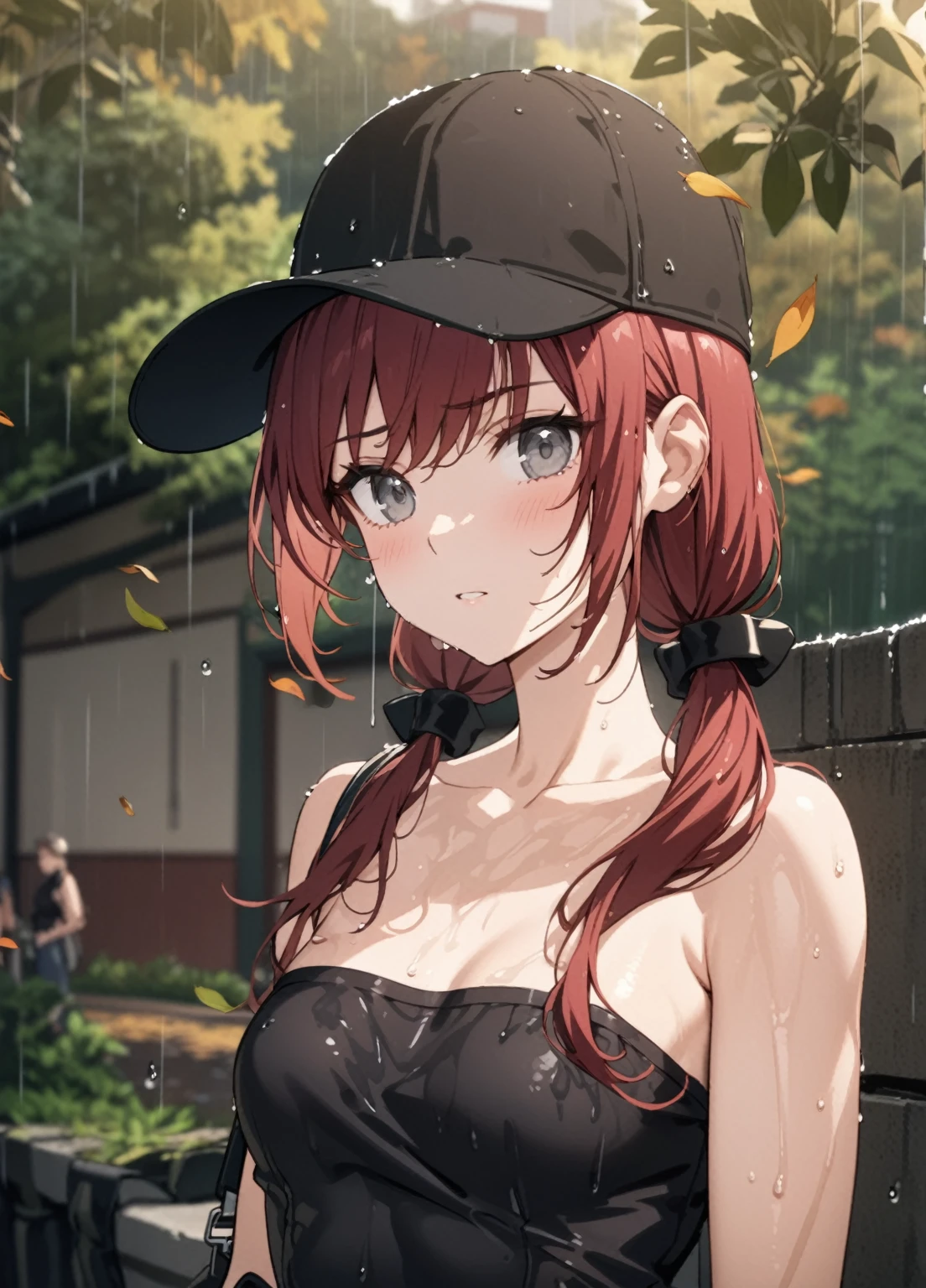 Best quality, masterpiece, close up, stoic young woman with gray eyes, dark red hair in low twin tails, swept bangs, black hat, strapless black shirt, jeans, satchel, toned arms, small breasts, rain, wet clothes, wet skin, creek, outdoors, autumn, sunrise, tropical, clouds,teal buildings, white steps, fence, road, people in background, falling leaves,