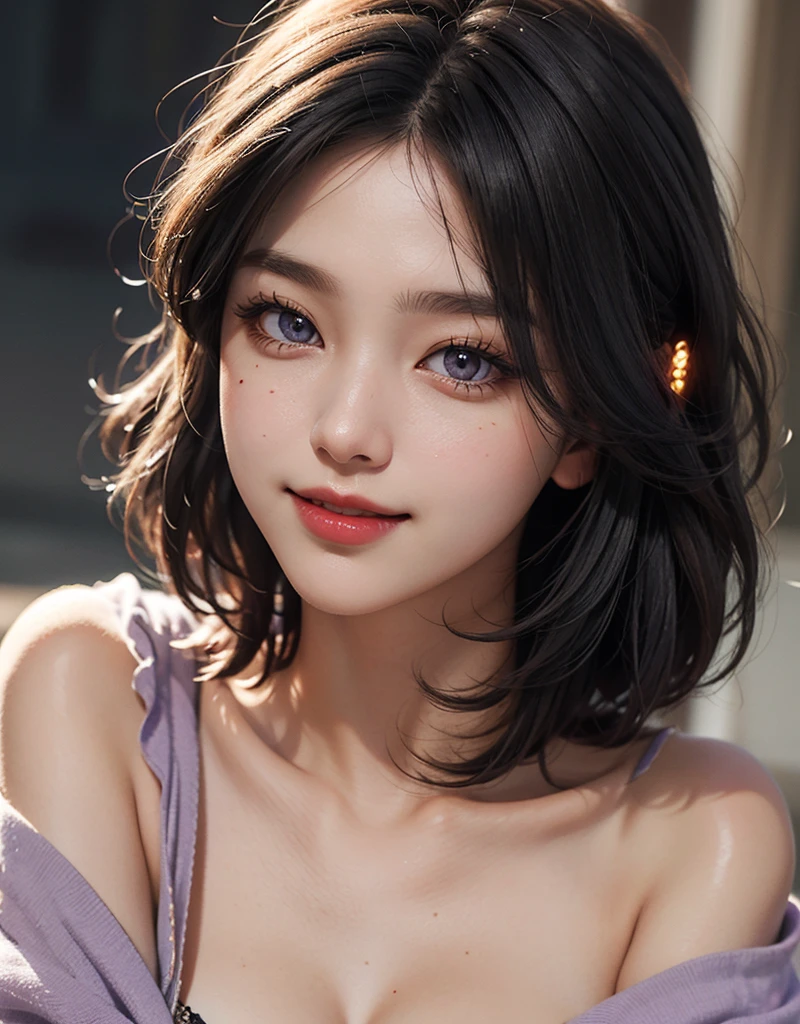 1 girl, 19 years old, south korean, 4k, masterpiece, realistic, realistic textures, frekles under eyes, short whavy black hair, bob haircut, shining purple eyes, detailed pupils, bright red lips, red eyeliners, off-shoulder top, discovered breast, gigant breast, happy, big smile, closed mouth, multiple of frekles under eyes, detailed face, detailed eyes, facing camera, bright colors, close up, face focus.