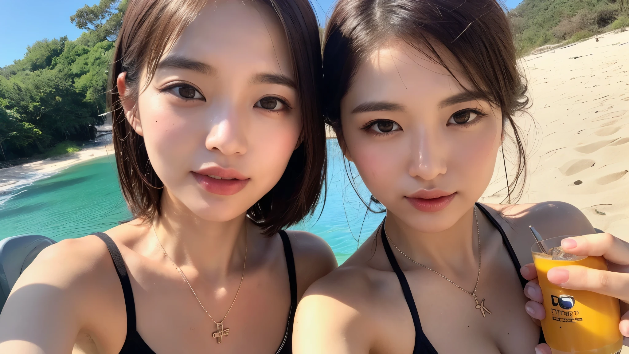 ((Photorealistic lighting, highest quality, 8k, masterpiece:1.3)), clear focus:1.2, viewer discretion advised (New South Wales) (New South Wales) (New South Wales):1.2, ((realistic)), ((natural light, highest quality)), model-like figure:1.4, (dark brown hair, chest out:1.2), short hair, setting, solo woman, (25 years old:1.3), highly detailed face, detailed eyes, double eyelids, necklace, wristband, eyeliner, colorful bikini, legs apart, sexy pose, (large), (black dress), (seaside, beach, sandy shore, drinking alcohol)