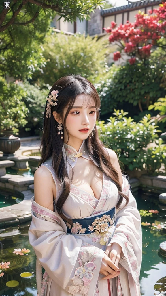 zPDXLrl, zPDXLxxx, score_9, score_8_up, score_7_up, source_photo, realistic, nsfw, ruanyi0758, A beautiful young woman wearing a pink hanfu with a very low neckline and ample cleavage, showcasing the elegance of the dress. The hanfu features see-through elements, a shawl, and wide sleeves. She has a larger bust size to accentuate the beauty of the hanfu. The woman is adorned with traditional Chinese jewelry and has an elaborate hairstyle with ornate accessories. Her makeup is subtle yet enhancing. She poses gracefully in a traditional Chinese courtyard garden, surrounded by rockery, a small pond with lotus flowers, and ornamental trees. The backdrop exudes a serene and refined atmosphere.