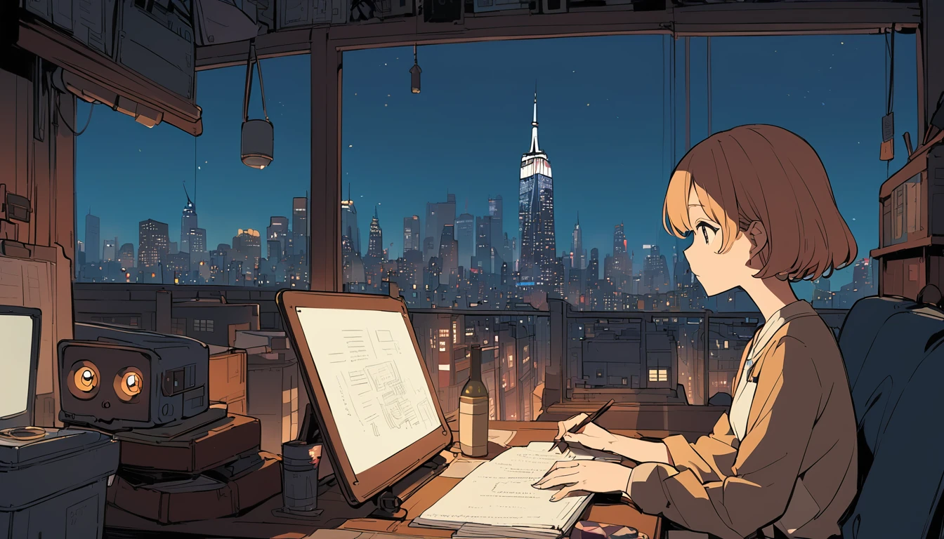 An 18-year-old short-haired girl studying while looking at the night view of New York in Ghibli style.