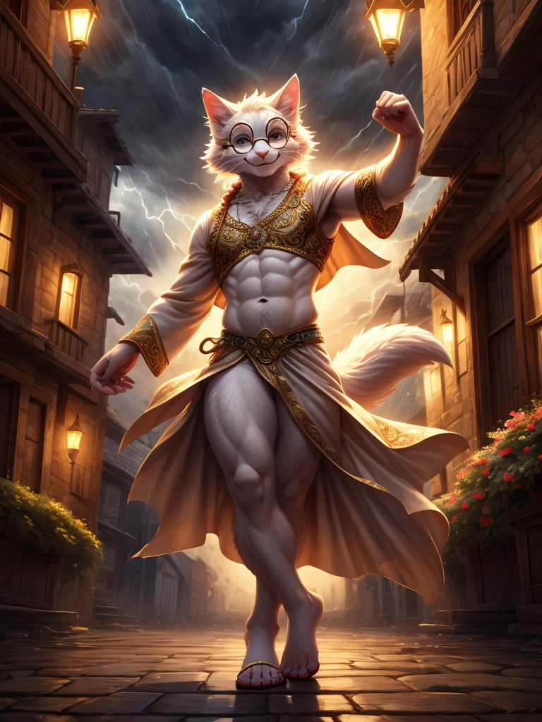 Anthro, white fluffy cat, full body, male, adult, hand paws, long fluffy tail, light robe, long dancing skitt, flip flop, fancy dancer clothing, crop top, ornate clothing, blue circular eyewear, abdomen on display, serious look, warm happy expression, hairy body, 8K, dynamic lighting, ultra detailed, masterpiece, street of a medieval town, stormy weather outside