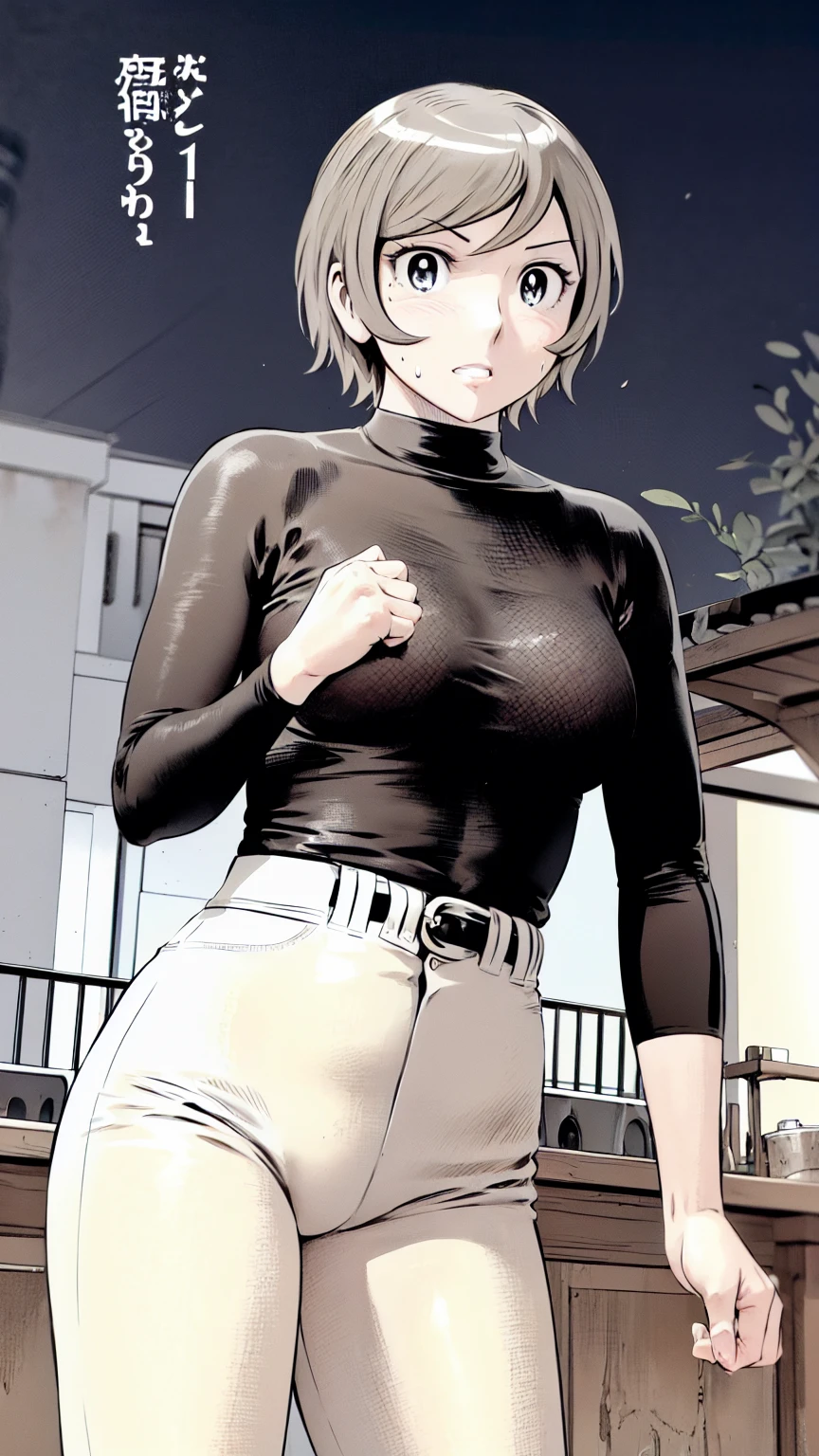 (野球uniform:1.2),
blonde, (short hair:1.2),Long sleeve, Black Shirt, turtleneck,White trousers、uniform、Black belt、((Illustration of a person))、big 、Muddy、Soil stains、ドロドロのuniform、
View your audience,, (Highest quality:1.3),One Girl, White pants、uniform、Outdoor、baseball ground、ground、soil、blue eyes、Tight black shirt、(masterpiece、Highest quality)、Highest quality, Ultra-high resolution, (((masterpiece))), alone, Sweat、big eyes、big Breasts、Torn clothes、 Fully exposed、Nipples、One Girl, Front view、Embarrassed face、Bronze colored hair、((short hair))、Stand up straight、Cowboy Shot