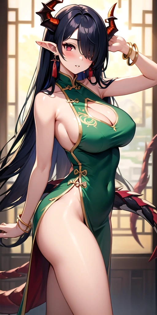 1girl, solo, long hair, breasts, looking at viewer, blush, bangs, large breasts, black hair, red eyes, dress, holding, bare shoulders, jewelry, very long hair, tail, multicolored hair, cowboy shot, earrings, parted lips, horns, sleeveless, pointy ears, hair over one eye, arm up, bracelet, from side, two-tone hair, official alternate costume, streaked hair, bare arms, clothing cutout, sleeveless dress, colored skin, chinese clothes, cleavage cutout, china dress, pelvic curtain, dragon horns, green dress, dragon girl, dragon tail, tassel earrings, tail through clothes, dusk \(arknights\)